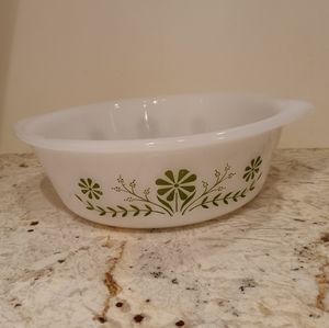 Vintage Glasbake 2 Quart Baking Dish White Green Floral